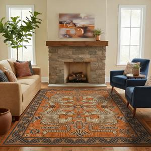 GarveeHome Tibetan Tiger 5x7 Area Rugs, Boho Terracotta Washable Rugs for Living Room, Vintage Tribal Soft Animal Print Throw Rug Non Slip Ultra Thin Stain Resistant Floor Carpet for Office Bedroom
