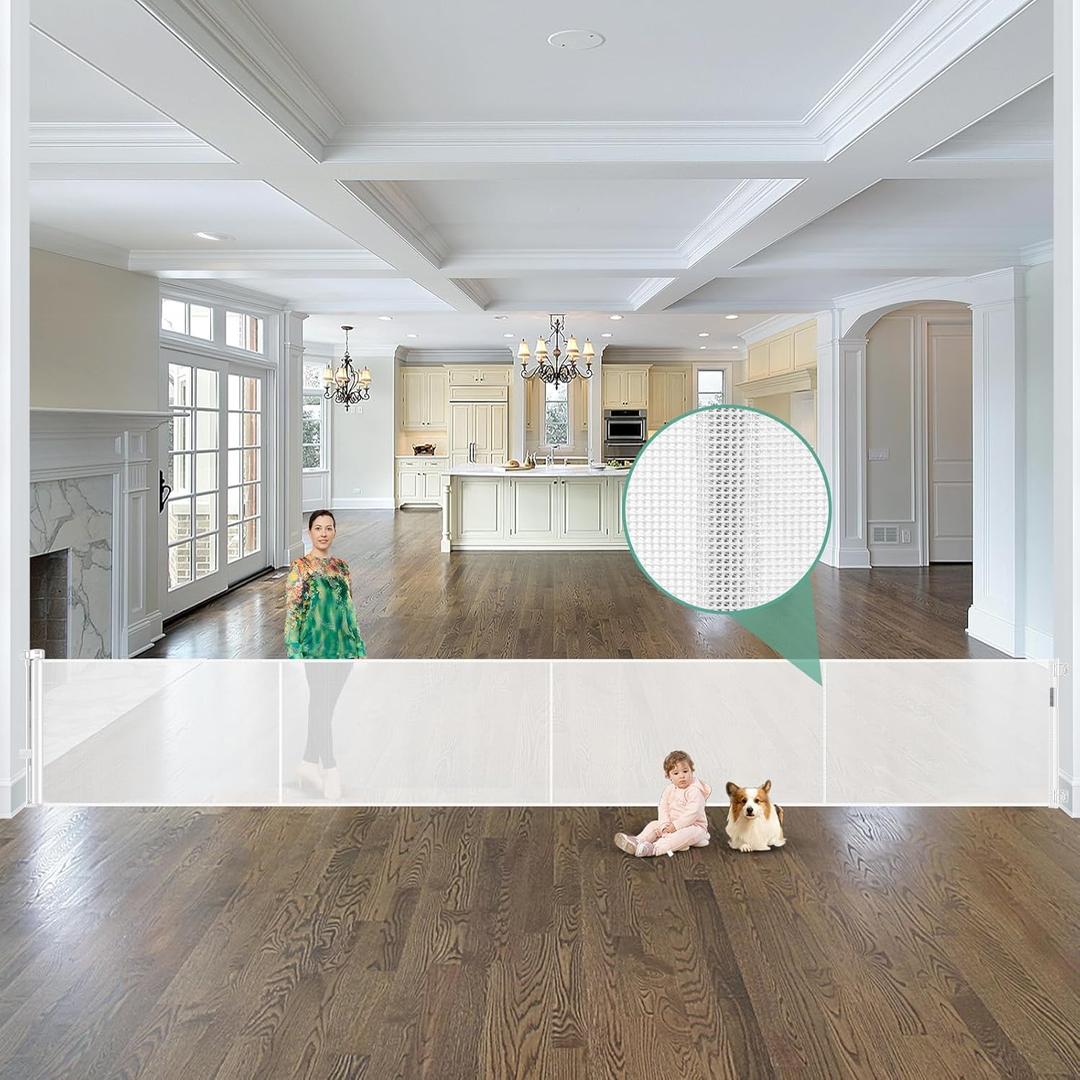 Reinforced 195 Inch Extra Wide Retractable Baby Gate Extra Long Dog Gate with Support Rods  Prevent Crawling Under, 16 Feet Mesh Baby Gate Retractable Gate Outdoor/Indoor Retractable Pet Gate, White Reinforced 195 Inch Extra Wide Retractable Baby Gate Extra Long Dog Gate with Support Rods  Prevent Crawling Under, 16 Feet Mesh Baby Gate Retractable Gate Outdoor/Indoor Retractable Pet Gate, White