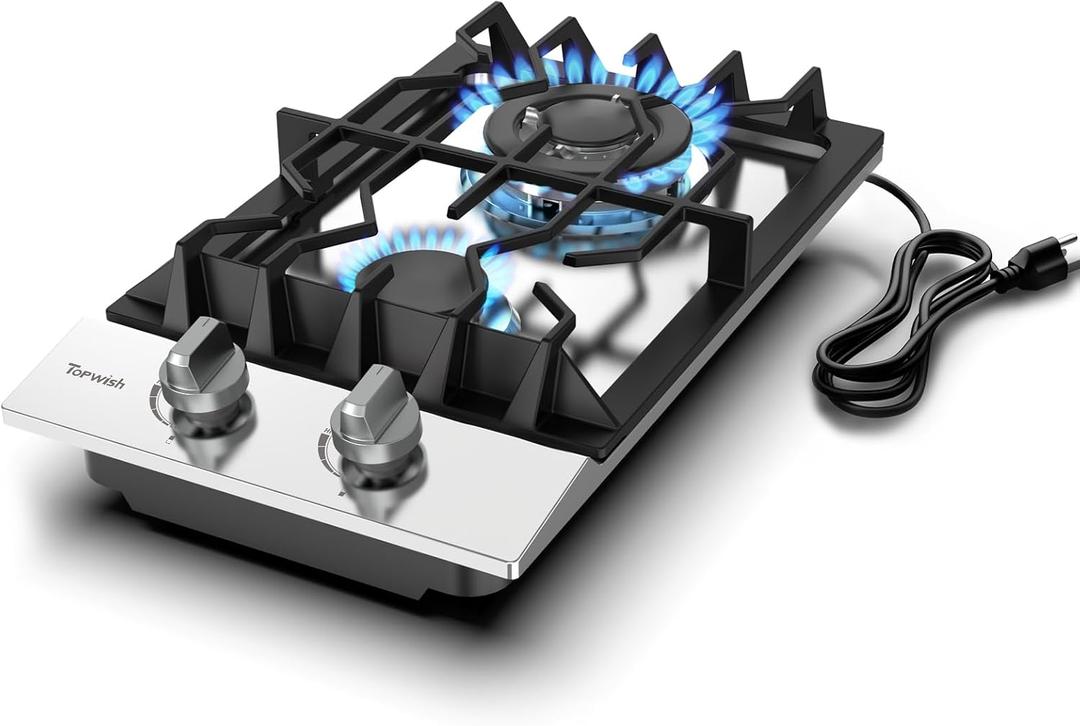 TOPWISH 12 Inch Gas Cooktop, 2 Burner Gas Stove Built-in Propane Stove Top with LPG/NG Convertible Dual Fuel Hob 18000BTU, Stainless Steel Stovetop Thermocouple Protect for Kitchen, Apartments, Rvs