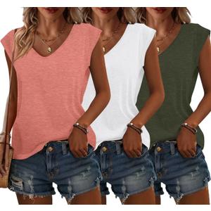 Bliwov 3 Pack Womens Cap Sleeve Tops V Neck T Shirts Spring Summer Casual Plus Size Beach Vacation Fashion Basics Clothes (Small, White+pink+green)