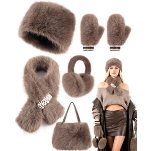 Gifts Sets for Women-5 Piece, Faux Fur Bucket Hat and Glove Set, Valentines Gifts for Her Wife Sister Girlfriends (Elegant Brown)