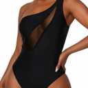 One Shoulder Swimsuit Tummy Control One Piece High Cut Mesh Black | 85% nylon 15% spandex, double lined for non-see-through coverage. Mesh patchwork with optical slimming effect, high cut leg (L)