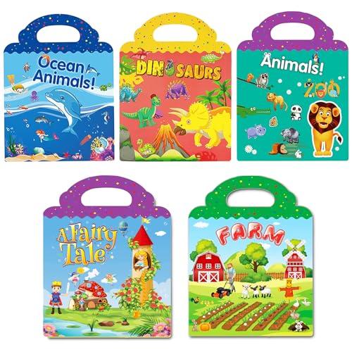 Reusable Sticker Book for Kids, 5 Sets Educational Learning Toys Travel Stickers Activity Books for Toddler Girls Boys Age 3+ Birthday Gifts - Fairy, Ocean, Farm, Dinosaur & Animals