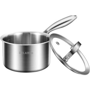 DELARLO Tri-Ply Stainless Steel 1 Quart Saucepan with Lid, Compatible With All Stove 600, Small Pots for Cooking, Fast Even Heats, Stainless Pot 1QT, Durable Sauce Pot, Saucepan with Lid