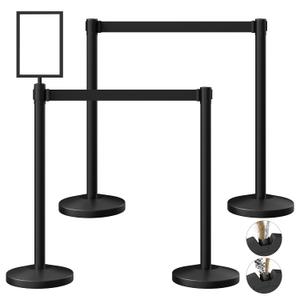 4-Pack Black Stainless Steel Crowd Control Stanchions, 9.8 ft Retractable Black Safety Belts with 1 Sign Holder(Black Belt)