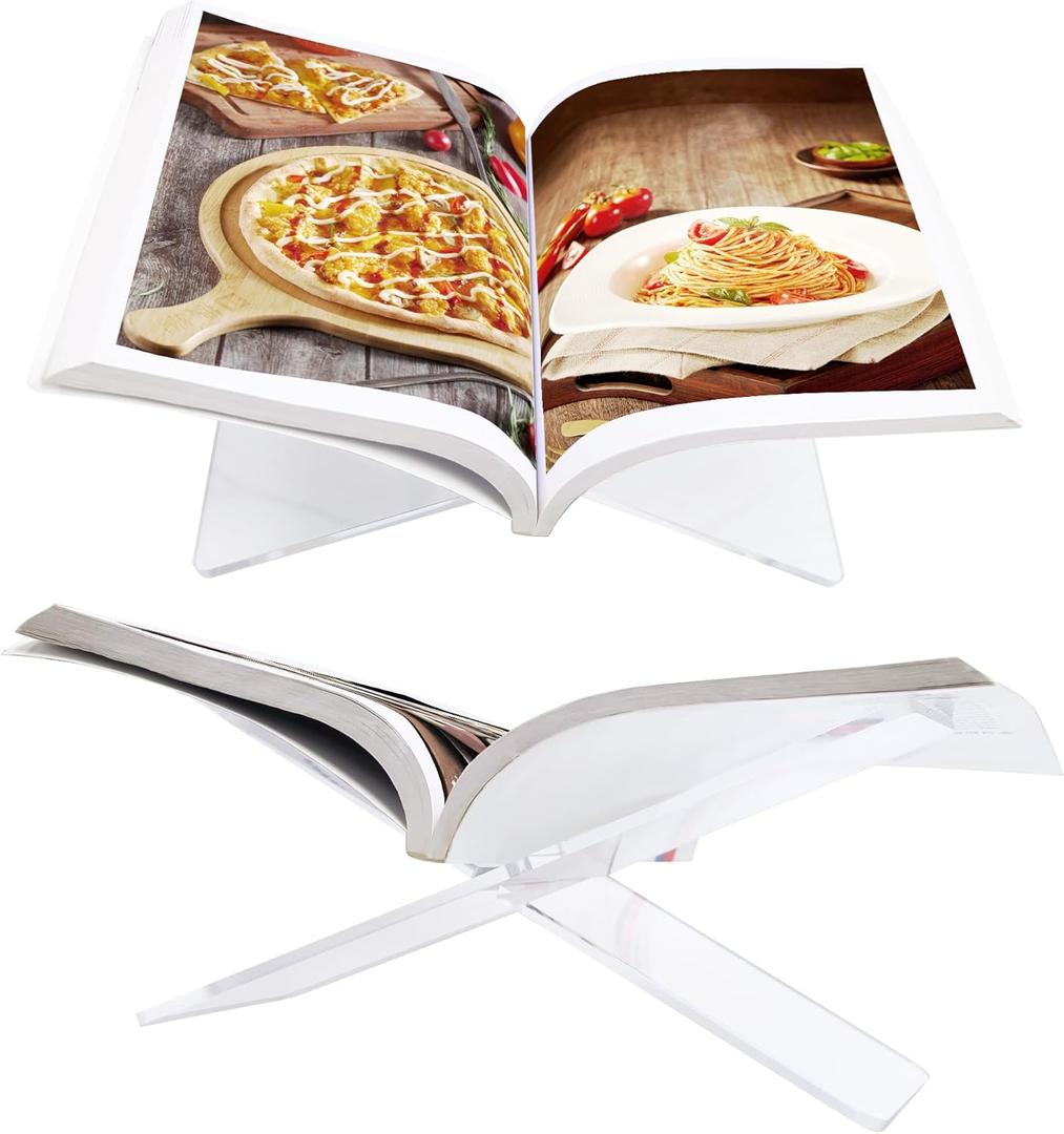 Transparent Clear Acrylic Book Holder 2 Piece Reading Stand for Open and Closed Books, MagazinesTextbooks Stand, Clear Book Holder for Kitchen Counter, Recipe Book Display Res
