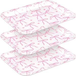 Tioncy 3 Pcs Pink Bow Serving Tray Bowknot Reusable Plate Dish 13" x 10" Decorative Tray Platter for Serving Food Room Organiser Home Party Supplies