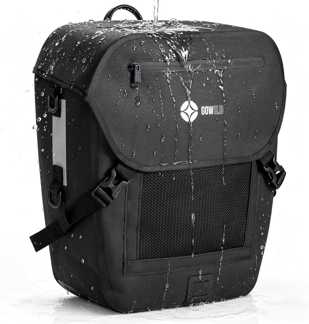 go wild Waterproof Bike Pannier Bag for Rear Rack 20L Bicycle Commuter Bag with Laptop Sleeve, Reflective Strips & Rain Cover Durable Cycling Saddle Bag