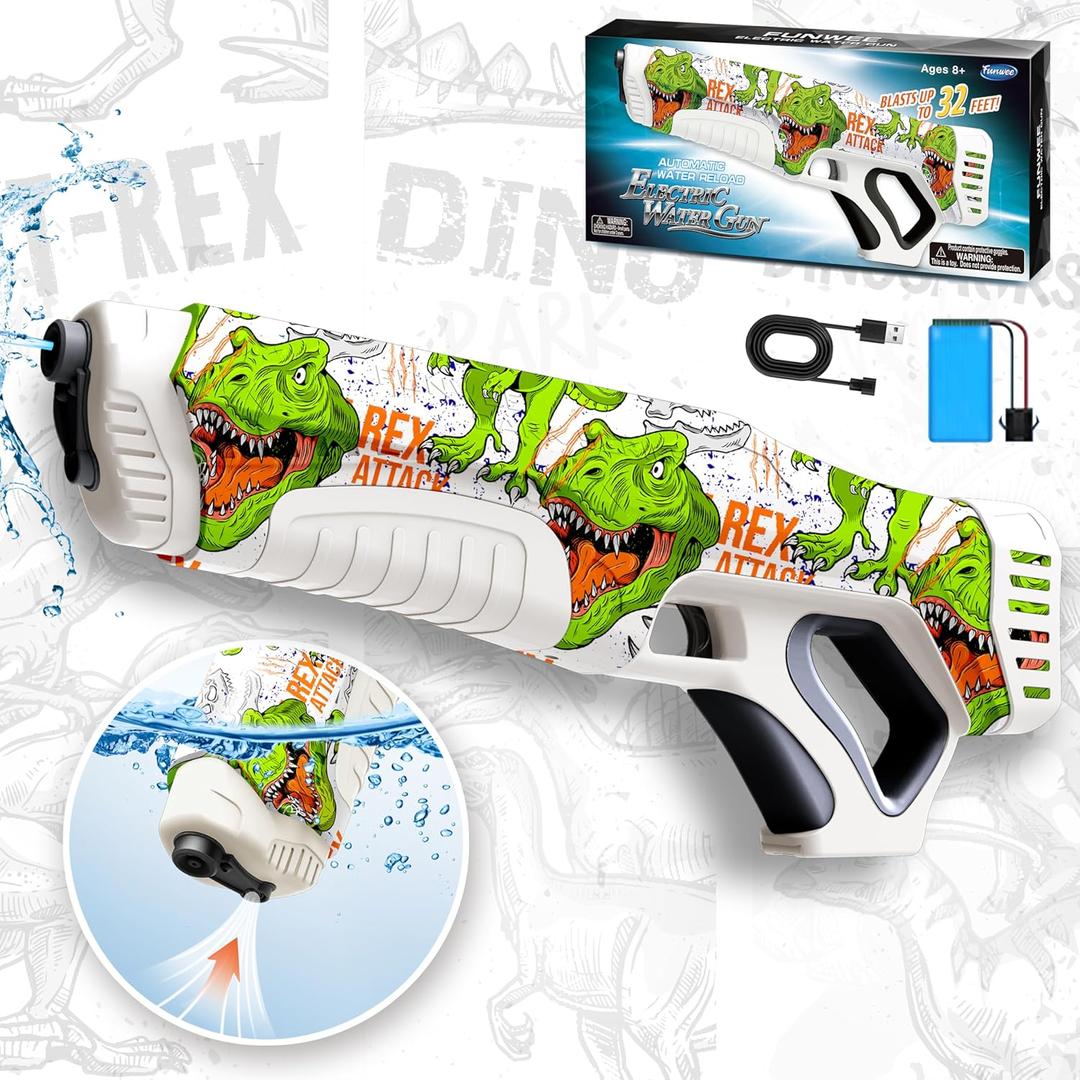 Funwee Electric Water Guns for Adults & Kids, Automatic Water Reload & Shooting Over 250 Blasts Water Blaster Squirt Guns Up to 28 FT Long Range, Beach Pool Backyard Outdoor Dinosaur Toys (White)