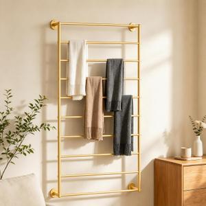 10 Tier Wall Mounted Rack,Scarf Display Stand,Belt Pants Hangers Scarves Hijab Stand, Towel Rack Ribbon Holder,Wrapping Paper Spool Storage for Retail Store(Gold), hold up to 50 pounds