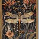 Framed Vintage 3D Textured Wall Art Dark Green Dragonfly Flowers Wall Decor Hand Drawn Sandstone Nature Botanical Paintings Pictures for Living Room Bedroom 16x24 inch