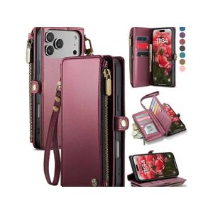 Defencase Compatible with iPhone 17 Pro Case Wallet with RFID Blocking Card Holder for Women Men, Fashion PU Leather Magnetic Snap Flip Zipper Strap Wallet Phone Case for iPhone 17 Pro 6.3", Burgundy