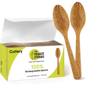 Premium Quality100% Biodegradable Spoons Made of Vegetable Fibers, 100 PCS of 6.7 Long Heavy-Duty and Splinter Free Eco-Friendly Spoons, Perfect Sustainable Cutlery for All Types of Occasions