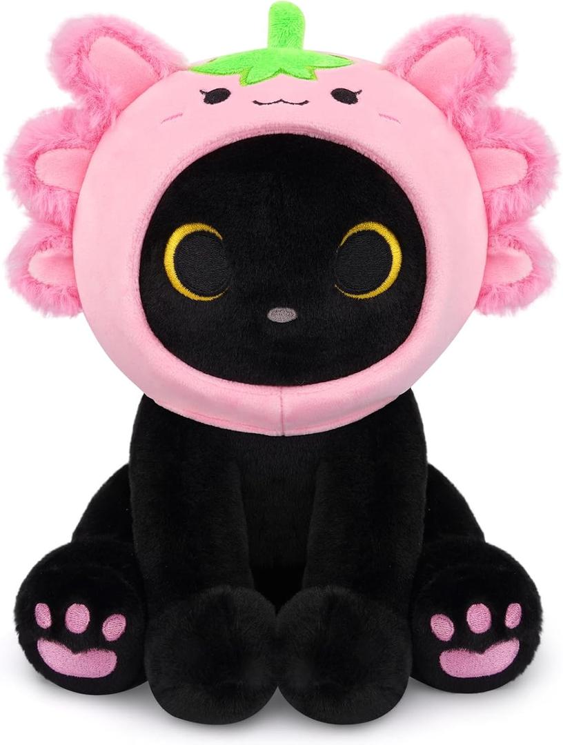 Axolotl Plush Toy, 8inch Kawaii Black Cat Wear Strawberry Plush Removable Hood, Cute Plushies Soft Stuffed Animal Doll, Valentine's Day Birthday Gift for Kids Boys Girls Adults (Pink)