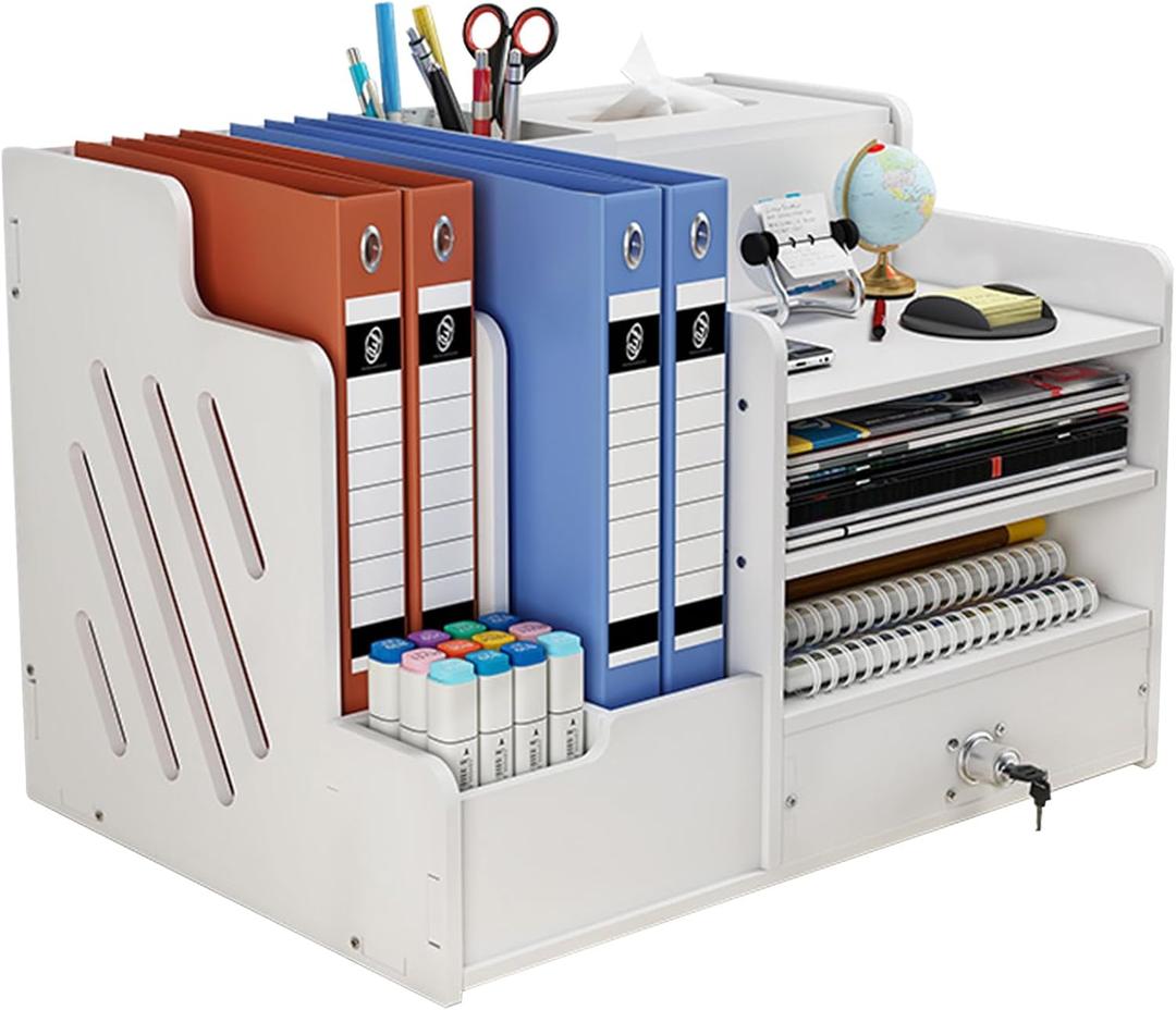 Bamboo Desk Organizer, Desktop Wood Bookshelf File Organizer, Pen Holder and Tissue Holder, 1 Drawer with lock for Office, Home, Need to Install (White)