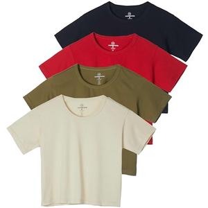 Real Essentials 4 Pack: Women's Cotton Short Sleeve Crop Top – Cropped Casual Crew Neck T-Shirts (Plus Size) Set 4, M