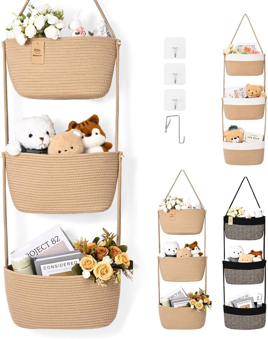 Hanging Basket, 3-Tier Wall Baskets, Over the Door Organizer with 4 Hooks, Hanging Baskets for Organizing, Woven Storage Basket Behind the Door for Nursery, Bedroom, Living Room, Kitchen