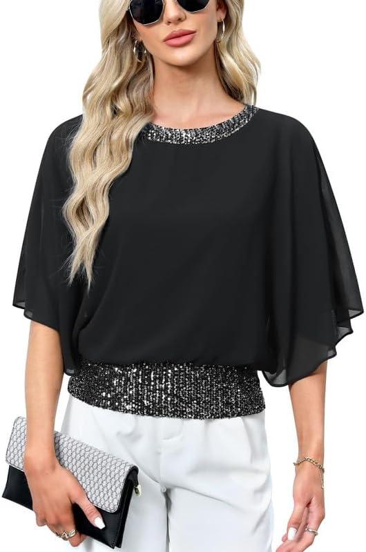For G and PL Women's Dressy Sequin Formal Wedding Top Batwing Sleeve Chiffon Party Shirt (Black, XL)