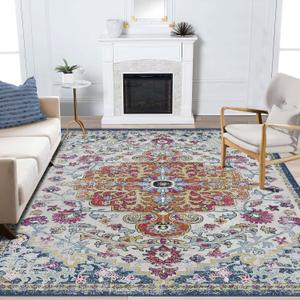 Washable Boho Living Room 9x12 Vintage Blue/Orrange/Beige Area Rug