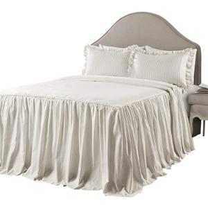 Lush Decor Ticking Stripe Bedspread Queen Size 3 Piece Set Wheat - Ruffle Bedding Set Queen Bedspreads - Striped Bedding - Farmhouse & Coquette Decor