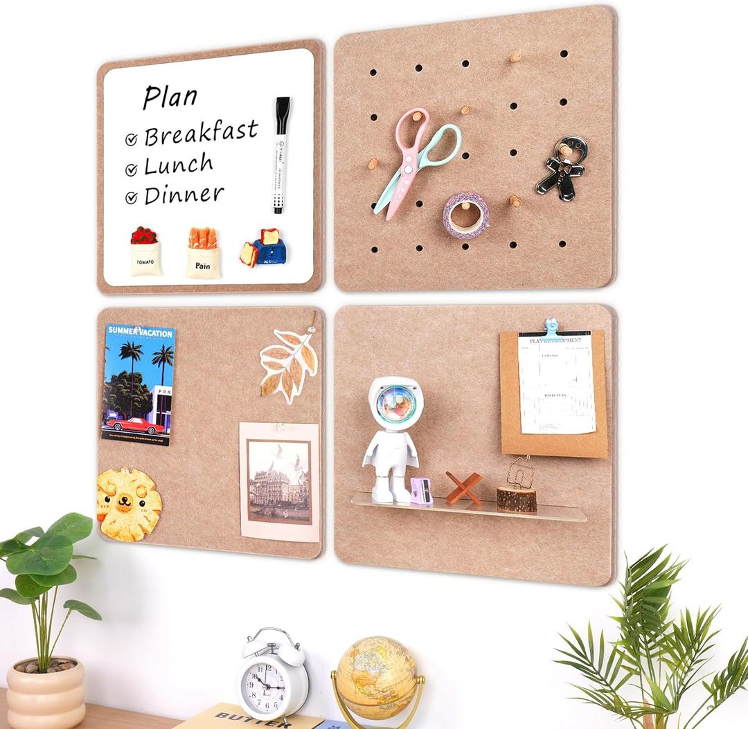 4 Pack Felt Bulletin Board Kit, 24" Self-Adhesive Fabric Wall Panels with Acrylic Shelf, Pegs & Pins - Felt Board Tiles for Memo, Display & Wall Organizer