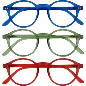 OPULIZE REY Reading Glasses for Women Men, Retro Round Frame with Spring Hinges, Matte Blue, Green, Red +1.00 (Pack of 3)