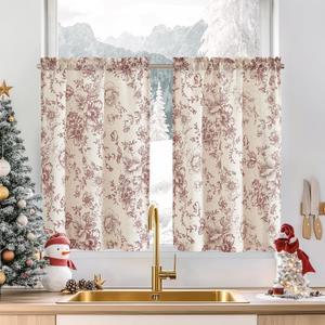 jinchan Floral Linen Tier Curtains Floral Brick Red on Beige Christmas Decorations Cafe Curtains 36 Inch Length Kitchen Living Room Bedroom Bathroom Farmhouse Rustic Country Rod Pocket 2 Panels