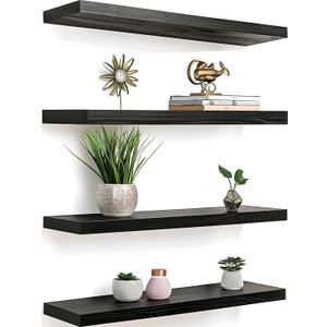 Black Wood Floating Shelves for Wall Rustic Wall Shelf for Bedroom Living Room Set of 4 (17 Inch)