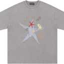 Oversize Star Print Tees Vintage Washed Graphic T Shirts Short Sleeve Y2K 90S Summer Unisex Streetwear Tops, M