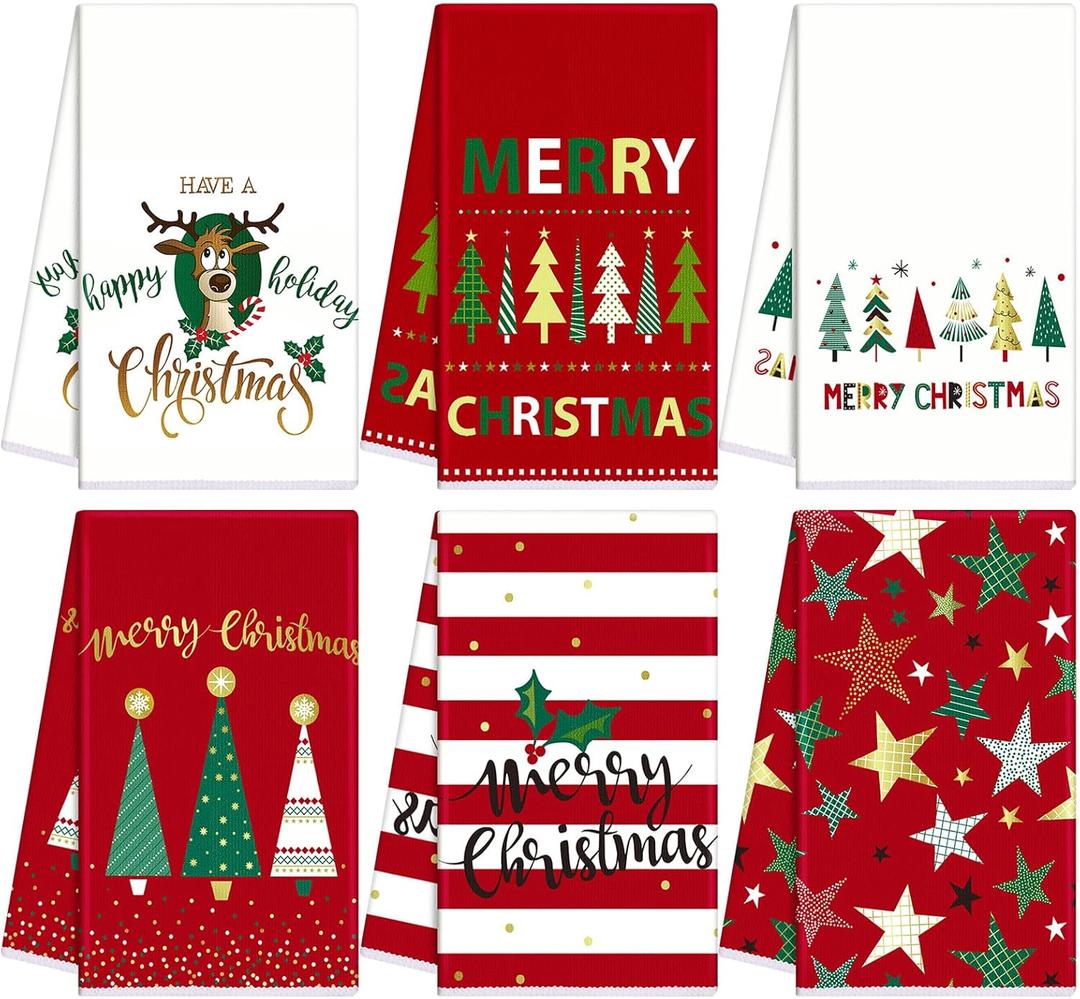 6 Pcs Christmas Kitchen Towels Red Green White Xmas Dish Towels 15.8 x 23.6 Inch Decorative Star Stripe Christmas Tree Hand Towel Farmhouse Tea Towel Kitchen Decor for Winter Housewarming Gift