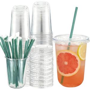 50 Pack 16 oz Clear Plastic Cups with Lids and Straws Disposable Iced Coffee Cups Round Bottom To carry Cup for Coffee Smoothie Cold Drinks Juice Milkshake Tea (Green)