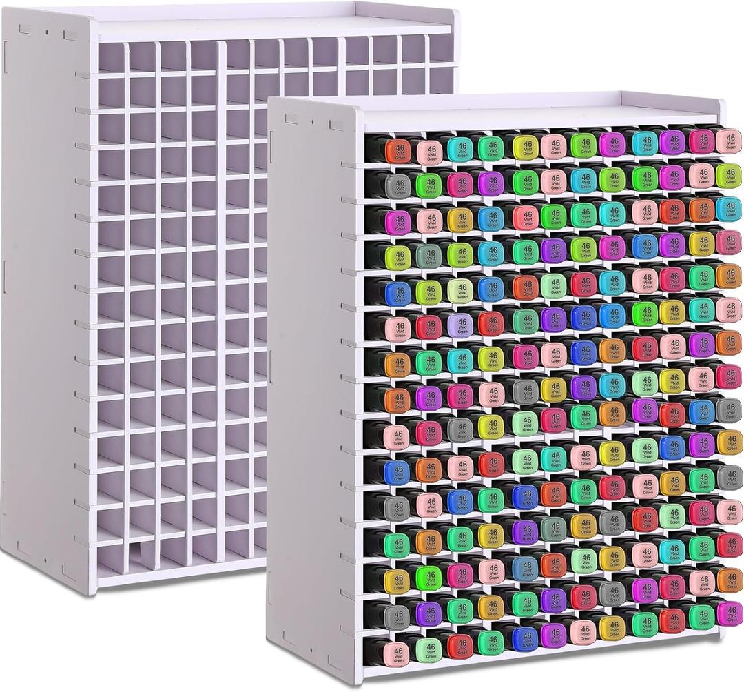 2 Pack Marker Storage Organizer Marker Organizer for Desk Holder Art Paint Pen Rack with Removable Divider to Store Paint Brushes Pens Color Pencils(13.2 x 10 x 5.3,180 Slots)
