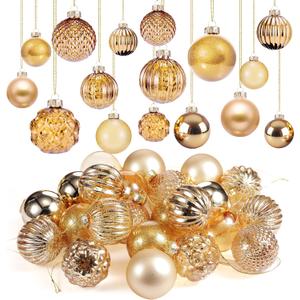Liliful 24 Pcs Light Gold Glass Christmas Ball Ornaments Christmas Tree Decoration Hanging Balls Neutral Vintage Mercury Ornaments for Xmas Festival Home Wedding Holiday Farmhouse Decor, 2.36 Inch