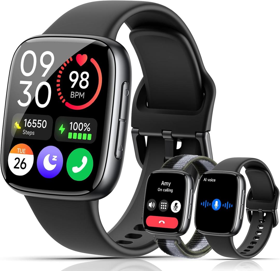 Smart Watches for Women Men, 1.85" HD AMOLED Display, 2 Bands Included, Works with iPhone & Android, 12-Day Battery, 3ATM Waterproof, Bluetooth Call, Health & Fitness Tracker, Black
