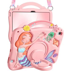 Boaretiu for iPad 10th Generation Case - Girls Teens Cute Cartoon Pk Mermaids 10.9 Inch 2022 Tablet Cover with Strap & Rotating Stand Soft 3D Silicone Funda for iPad 11th 11 Inch 2025 (Pink)