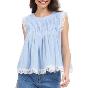 Womens 2026 Summer Peplum Top Sleeveless Ruffled Lace Trim Round Neck Y2K Babydoll Going Out Tops (Blue) L