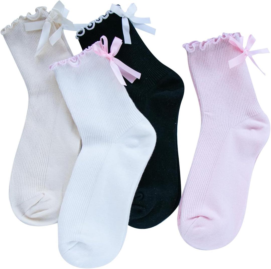 Womens Bow Socks Ruffle Casual Crew Black Whitte Soft Breathable Cotton 4 Pairs Socks (One Size)