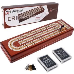 Juegoal Upgrade Wood Cribbage Board Game Set, Solid Wooden Continuous 3 Track Board with Larger Storage Area, 9 Metal Pegs and 2 Decks of Playing Cards, Travel Portable Cribbage Game Sets