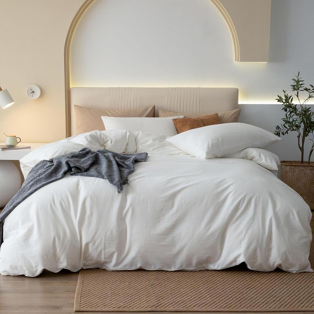 JIYUAN 100% Washed Cotton Duvet Cover Set 3 Pieces Super Queen, 1 Duvet Cover 90x98 Inches(Comforter Not Included) and 2 Pillowcases,Linen Feel Bedding Set Comfy and Breathable, Off White
