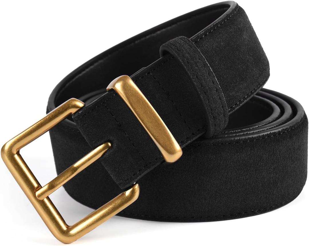 ALUSBELL Womens Suede Waist Belt with Gold Buckle Black 1.3inch (Black)