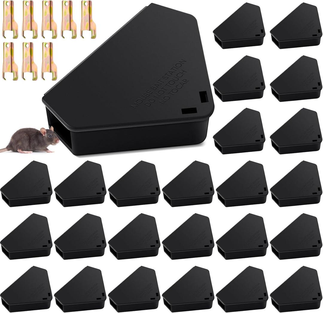 Qualirey Mice Station with Key Triangle Mouse Station Reusable Rodent Trap Box, Keeps Children and Pets Safe Indoor & Outdoor Suitable for Small Mice (Black,24 Pcs)