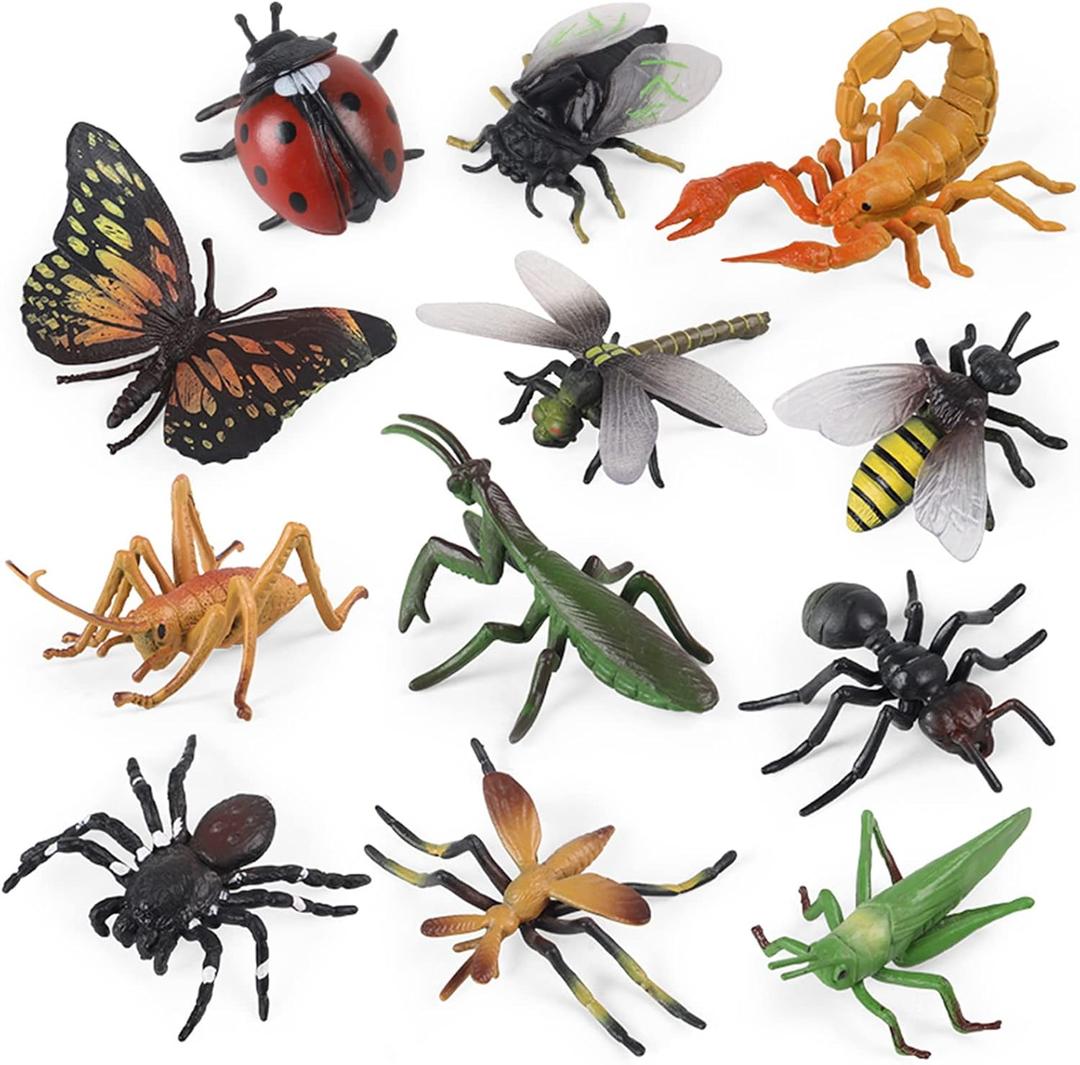 12 PCS Fake Bug Toys for Kids, Plastic Bugs Animal Figures Halloween Party Favor Cake Topper Insect Figurines