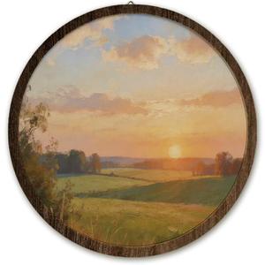 IORAFOUDUO Vintage Sunset Landscape Framed Round Wall Art Decor | Cottagecore Wall Decor for Bathroom Bedroom, Farmhouse Sunset Landscape Art for Living Room Office, 10x10 Inch