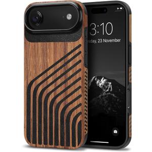 TENDLIN Compatible with iPhone Air Case Wood Grain with Carbon Fiber Texture Design Leather Hybrid Slim Case (Hairline)