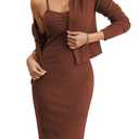 Sovoyontee Women's Fall 2 Piece Outfits Knit Long Sleeve Cropped Cardigan Pullover Sweater Bodycon Midi Dress Sets Coffee Medium