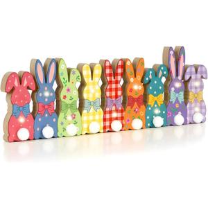 3 x Yquqwn Easter Table Decorations, Wooden Bunny Tabletop Decor with LED Lights, Wooden Bunny Sign with Plush Tail Vintage Plaid Style, for Easter Table Decor Spring Home Mantel Desk Office Party Decorations