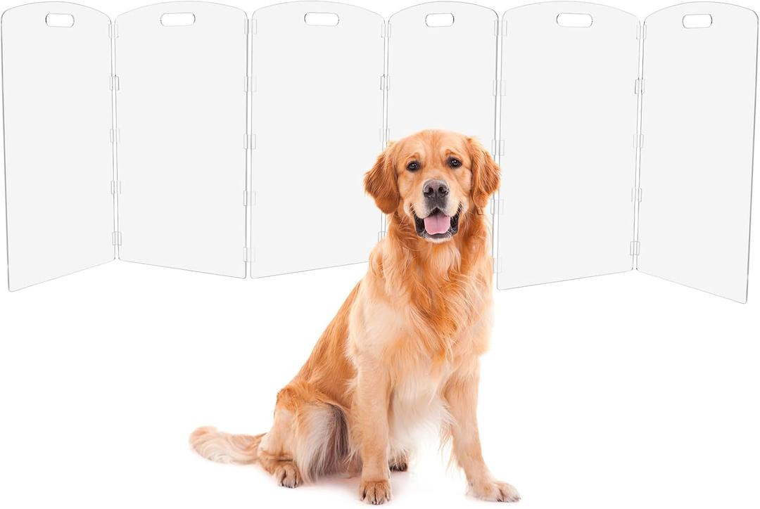 Modern Frame Clear Acrylic Freestanding Dog Gate - 32" Tall Extra-Wide Folding 6-Panel Pet Barrier for Doorways, Stairs & Large Openings, Indoor Fence for Small to Large Dogs & Cats