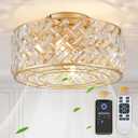 18 Inch Caged Ceiling Fans with Lights, Low Profile Crystal Fandelier Ceiling Fan with Lights and Remote & App Control for Low Ceilings Flush Mount Installation Indoor, Bulb Included Gold
