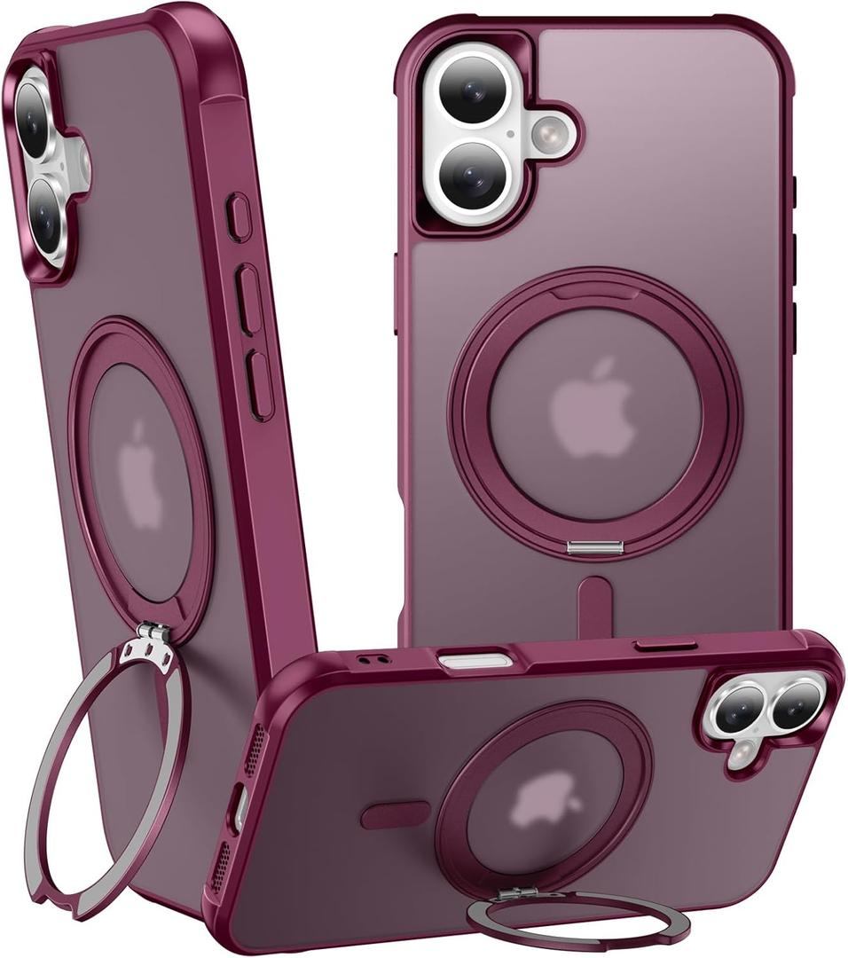 360 Magnetic Swivel Ring for iPhone 16 case, Built-in Metal Stand and Ring Holder, Magsafe Compatible, Military Grade Protection, Shock and Vibration Resistant - Wine Red