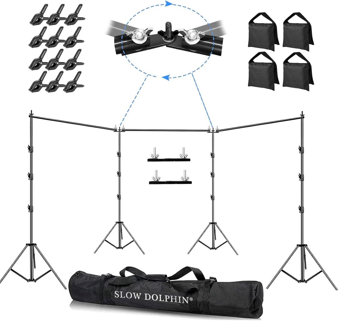 SLOW DOLPHIN Photo Video Studio 30ft (Wide) x 10ft (Tall), Degree Crossbar Rotatable, Angle Adjustable Triple Crossbar Extender Mount, Photography Background Support System, Sand Bags,Clamps